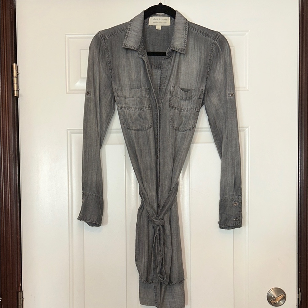 Cloth & Stone LS Tie-Front Shirt Dress Gray XS Minimalist Classic Casual Career